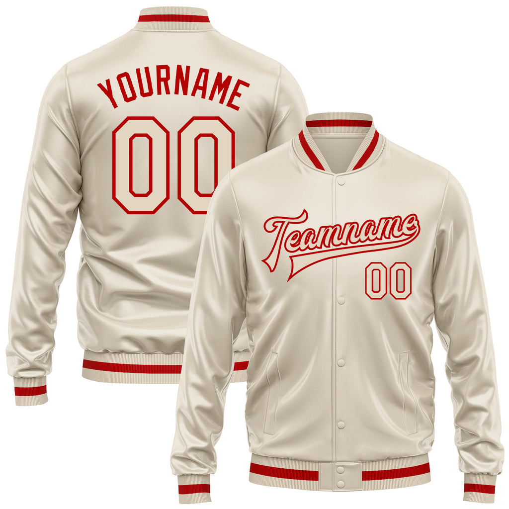 Custom Cream Cream-Red Bomber Full-Snap Varsity Faux Leather Letterman Jacket