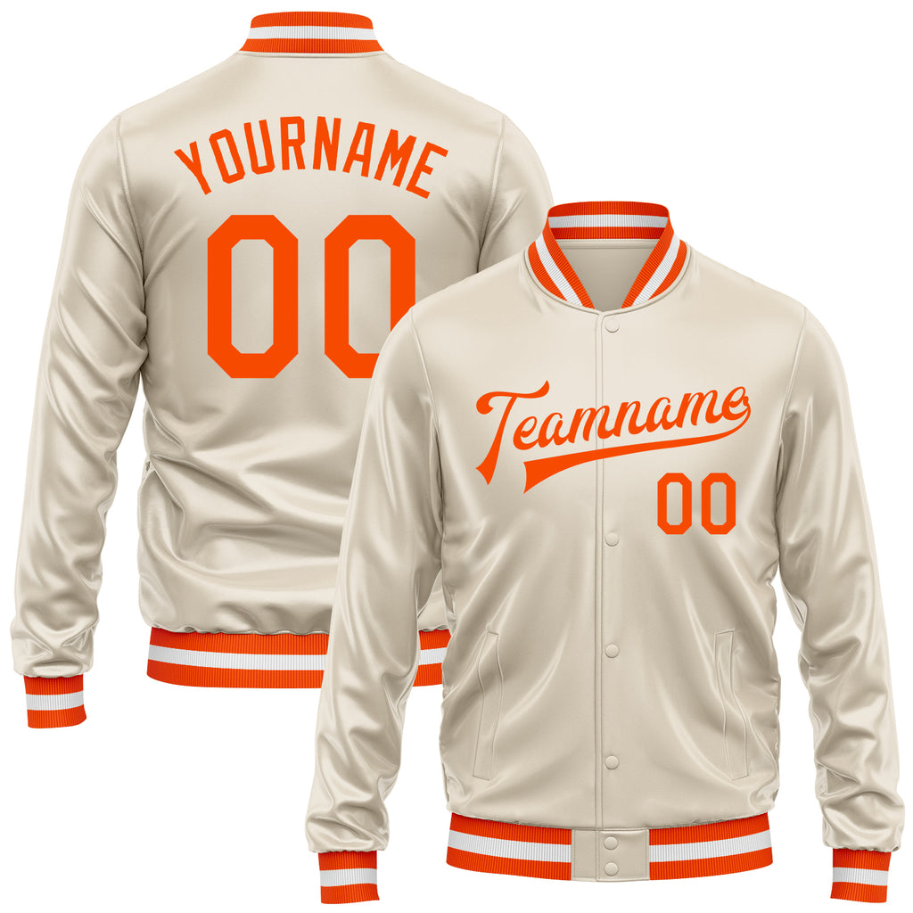 Custom Cream Orange Bomber Full-Snap Varsity Faux Leather Letterman Jacket
