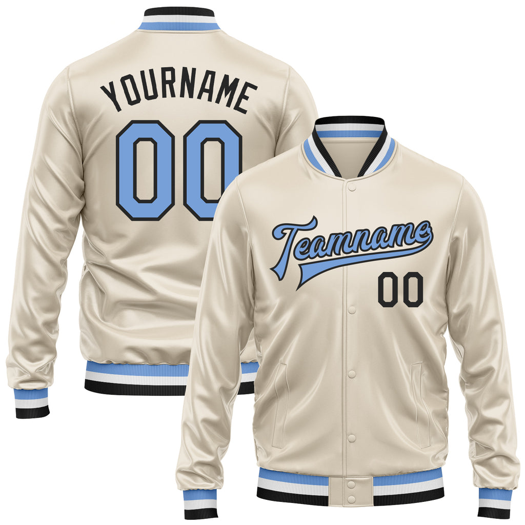 Custom Cream Light Blue-Black Bomber Full-Snap Varsity Faux Leather Letterman Jacket