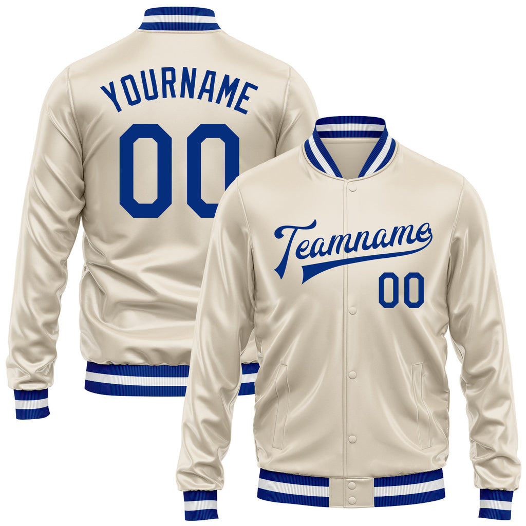 Custom Cream Royal Bomber Full-Snap Varsity Faux Leather Letterman Jacket