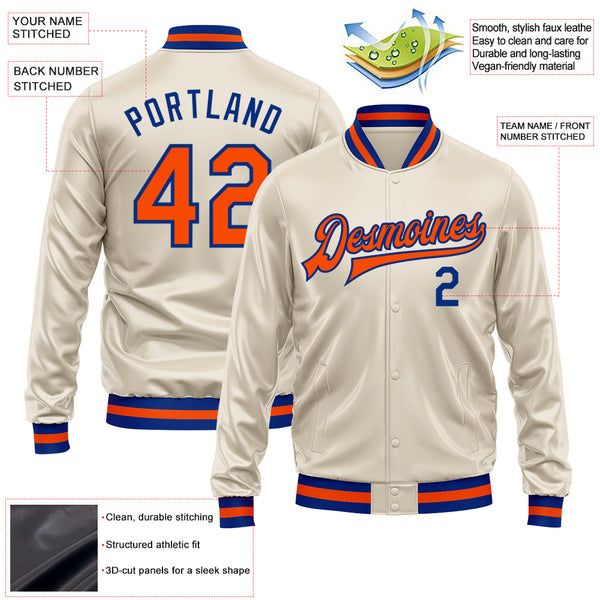 Custom Cream Orange-Royal Bomber Full-Snap Varsity Faux Leather Letterman Jacket