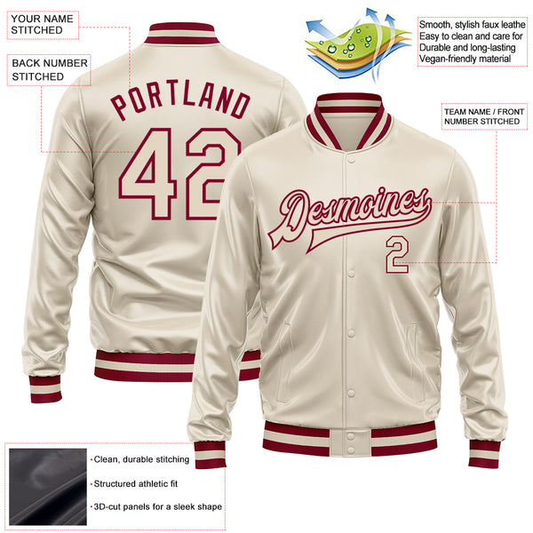 Custom Cream Cream-Maroon Bomber Full-Snap Varsity Faux Leather Letterman Jacket