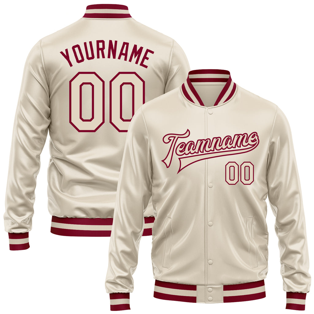 Custom Cream Cream-Maroon Bomber Full-Snap Varsity Faux Leather Letterman Jacket