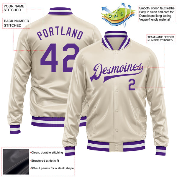 Custom Cream Purple Bomber Full-Snap Varsity Faux Leather Letterman Jacket