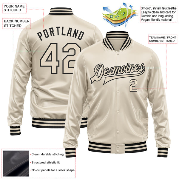 Custom Cream Cream-Black Bomber Full-Snap Varsity Faux Leather Letterman Jacket