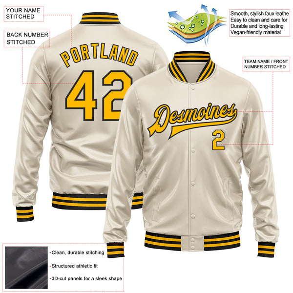 Custom Cream Gold-Black Bomber Full-Snap Varsity Faux Leather Letterman Jacket