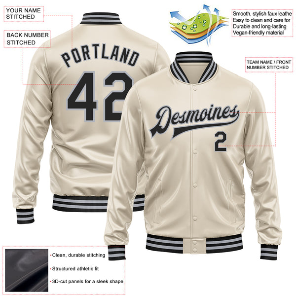 Custom Cream Black-Gray Bomber Full-Snap Varsity Faux Leather Letterman Jacket