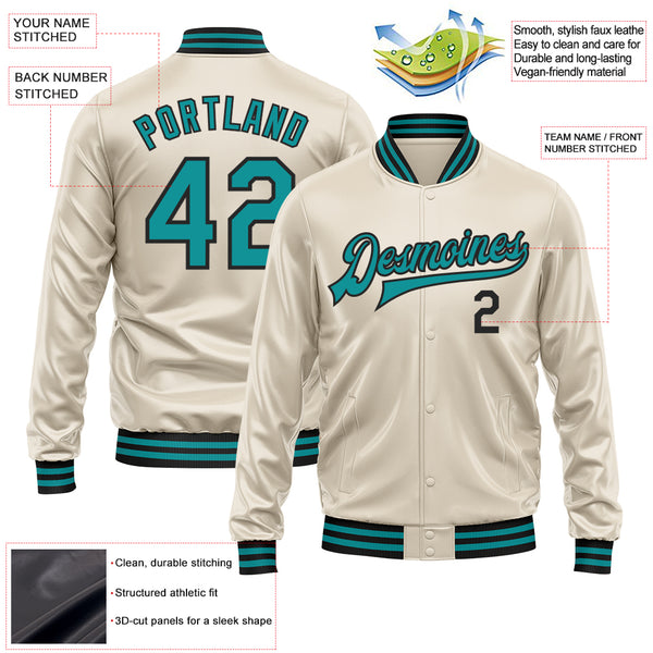 Custom Cream Teal-Black Bomber Full-Snap Varsity Faux Leather Letterman Jacket
