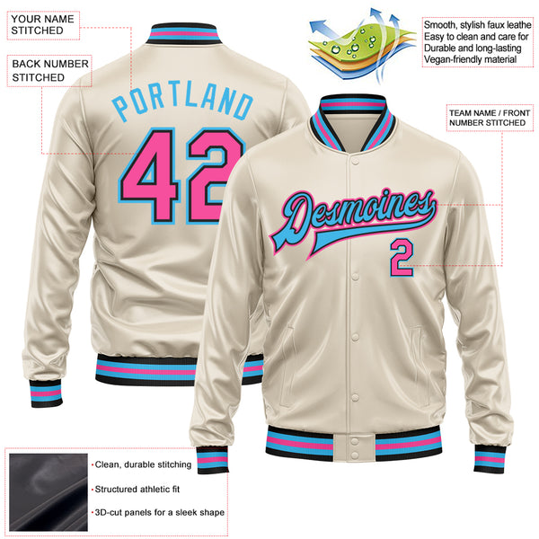 Custom Cream Pink Sky Blue-Black Bomber Full-Snap Varsity Faux Leather Letterman Jacket