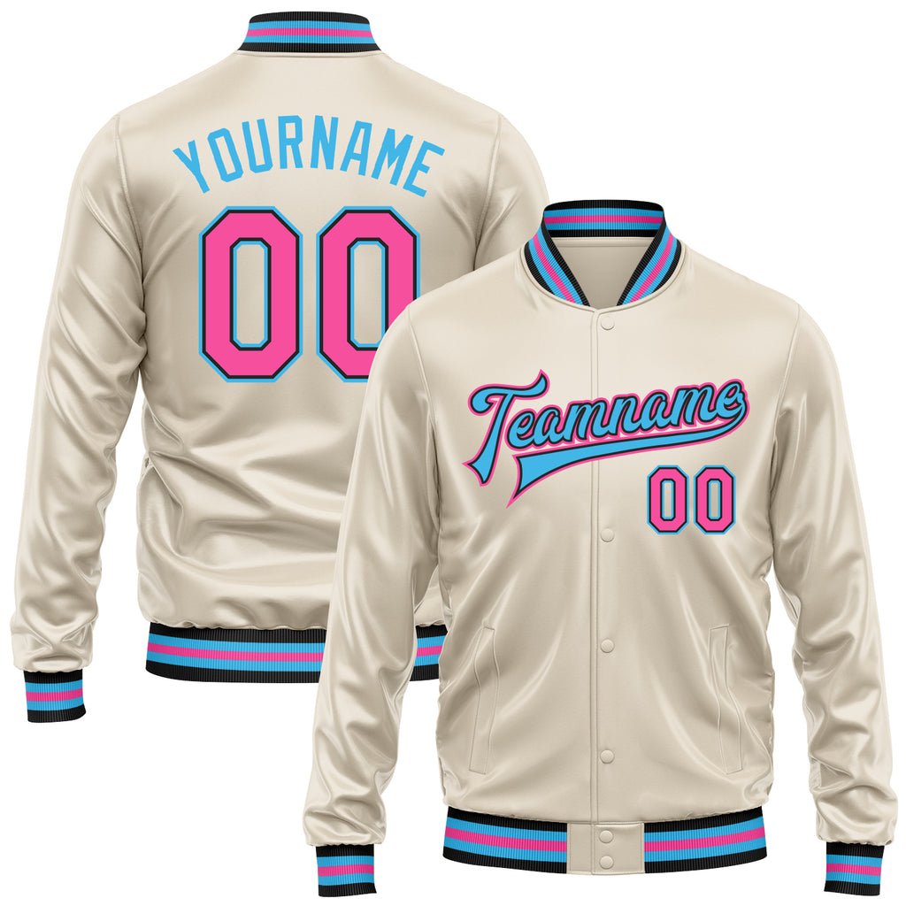 Custom Cream Pink Sky Blue-Black Bomber Full-Snap Varsity Faux Leather Letterman Jacket