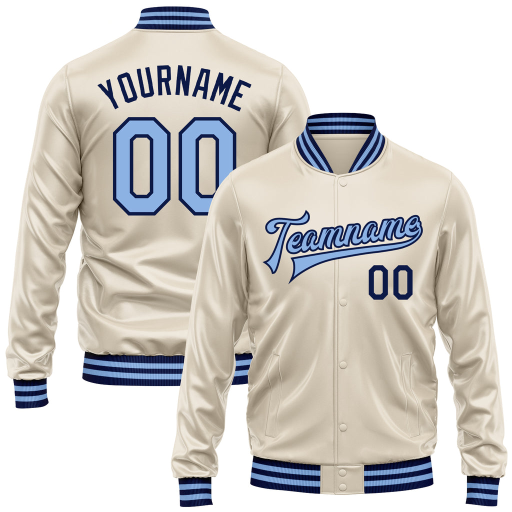 Custom Cream Light Blue-Navy Bomber Full-Snap Varsity Faux Leather Letterman Jacket