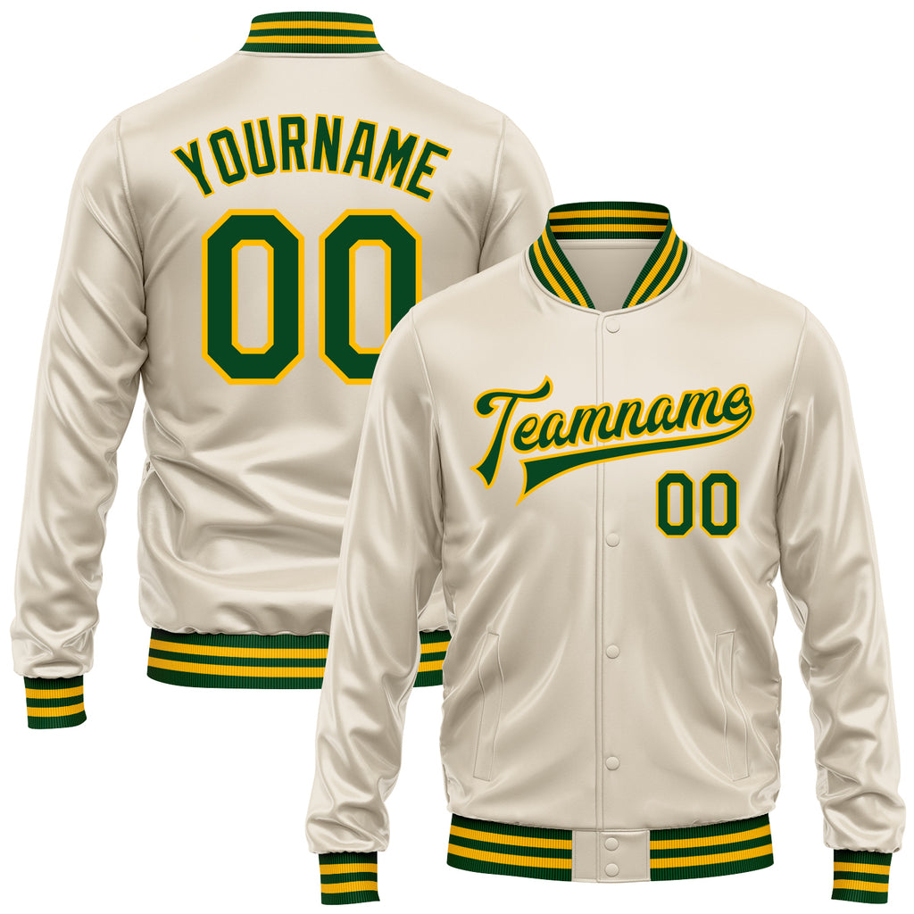 Custom Cream Green-Gold Bomber Full-Snap Varsity Faux Leather Letterman Jacket