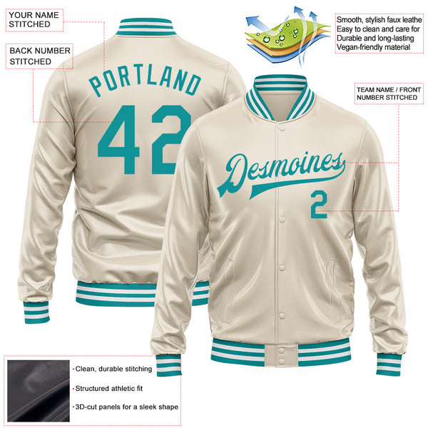 Custom Cream Teal Bomber Full-Snap Varsity Faux Leather Letterman Jacket