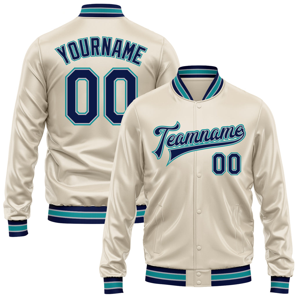 Custom Cream Navy Teal-Gray Bomber Full-Snap Varsity Faux Leather Letterman Jacket