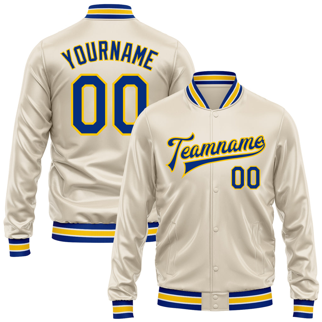 Custom Cream Royal-Yellow Bomber Full-Snap Varsity Faux Leather Letterman Jacket