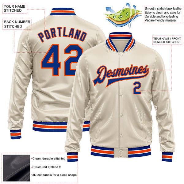Custom Cream Royal-Orange Bomber Full-Snap Varsity Faux Leather Letterman Jacket
