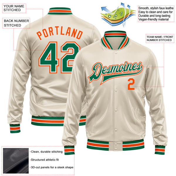 Custom Cream Kelly Green-Orange Bomber Full-Snap Varsity Faux Leather Letterman Jacket