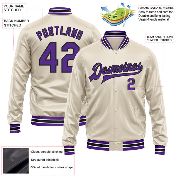 Custom Cream Purple-Black Bomber Full-Snap Varsity Faux Leather Letterman Jacket