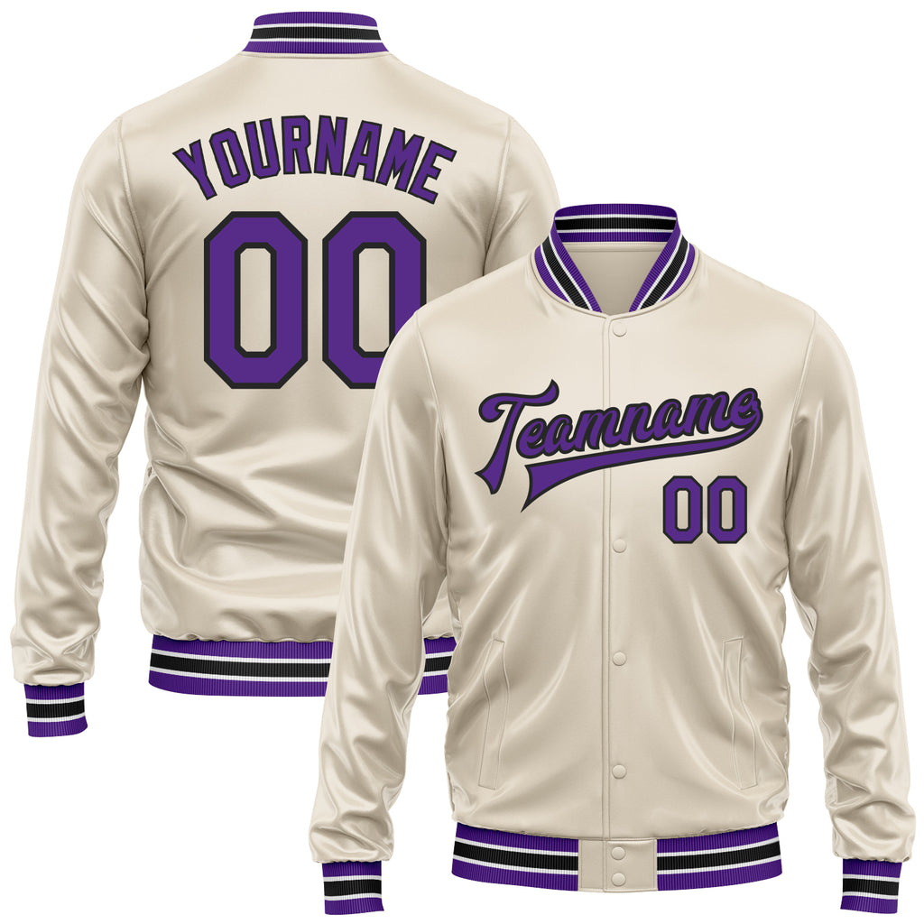 Custom Cream Purple-Black Bomber Full-Snap Varsity Faux Leather Letterman Jacket