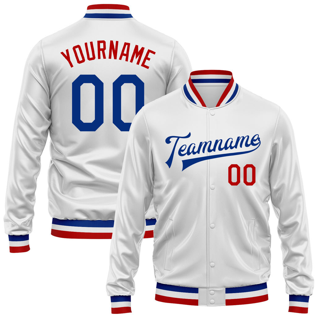 Custom White Royal-Red Bomber Full-Snap Varsity Faux Leather Letterman Jacket