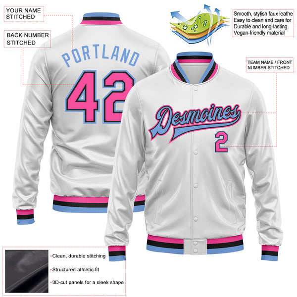 Custom White Pink Light Blue-Black Bomber Full-Snap Varsity Faux Leather Letterman Jacket