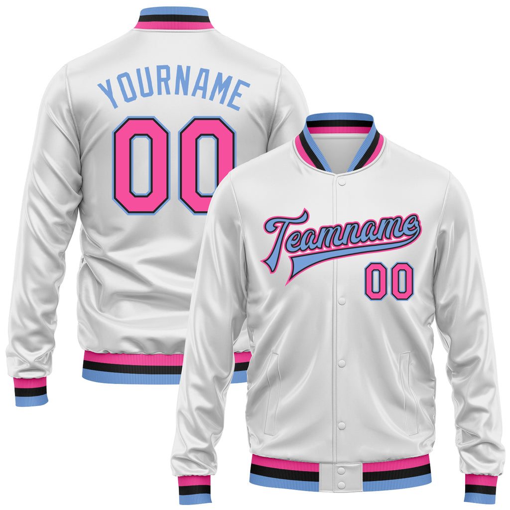 Custom White Pink Light Blue-Black Bomber Full-Snap Varsity Faux Leather Letterman Jacket