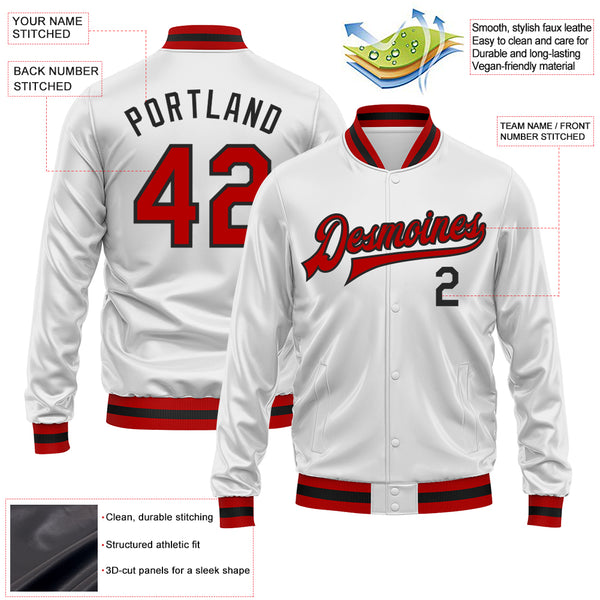 Custom White Red-Black Bomber Full-Snap Varsity Faux Leather Letterman Jacket