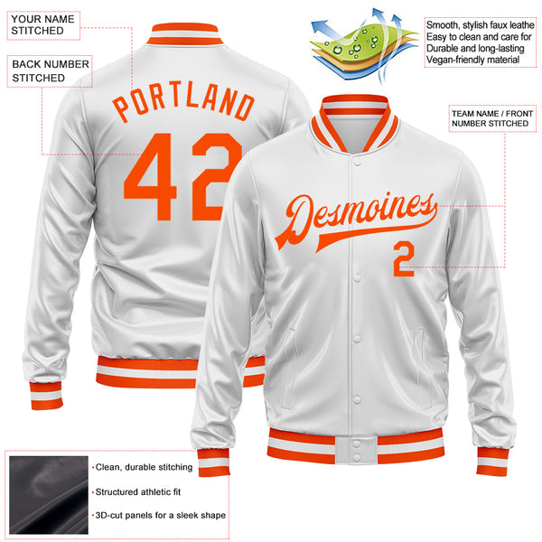 Custom White Orange Bomber Full-Snap Varsity Faux Leather Letterman Jacket