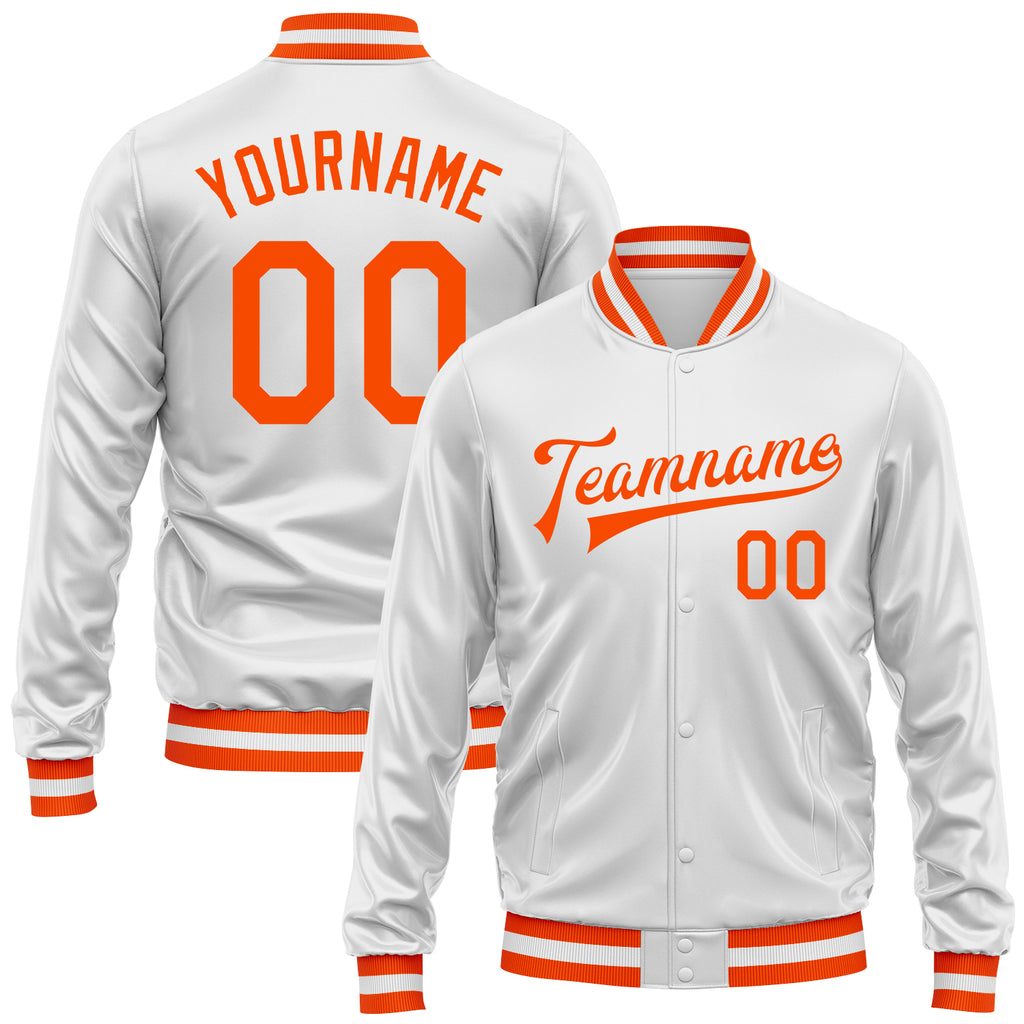 Custom White Orange Bomber Full-Snap Varsity Faux Leather Letterman Jacket