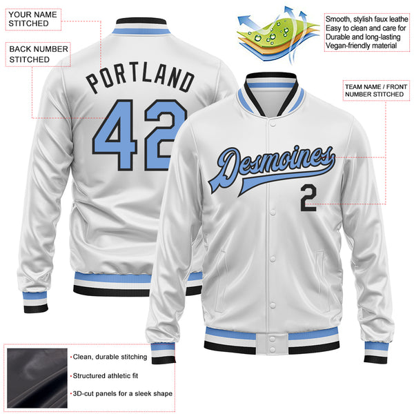 Custom White Light Blue-Black Bomber Full-Snap Varsity Faux Leather Letterman Jacket