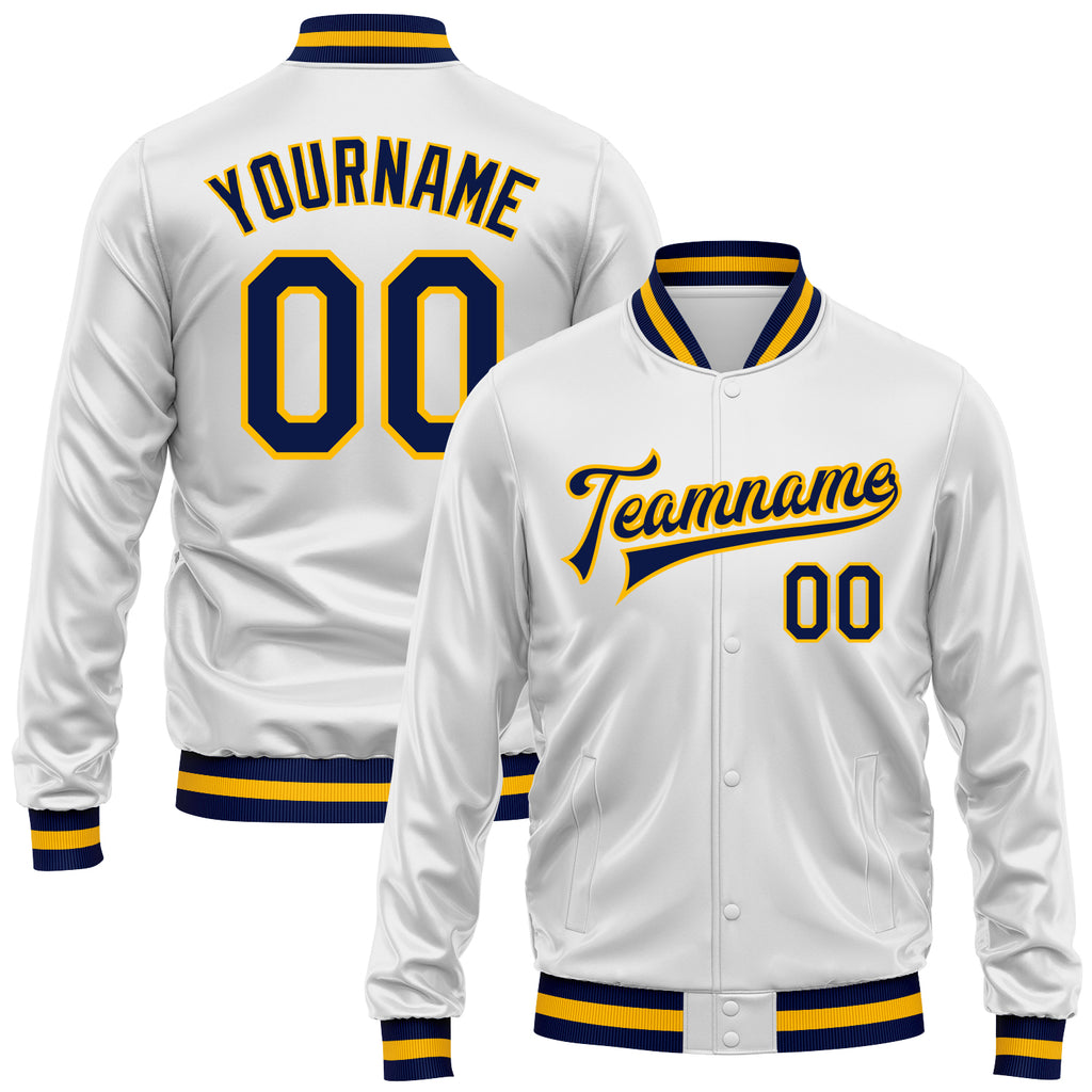 Custom White Navy-Gold Bomber Full-Snap Varsity Faux Leather Letterman Jacket