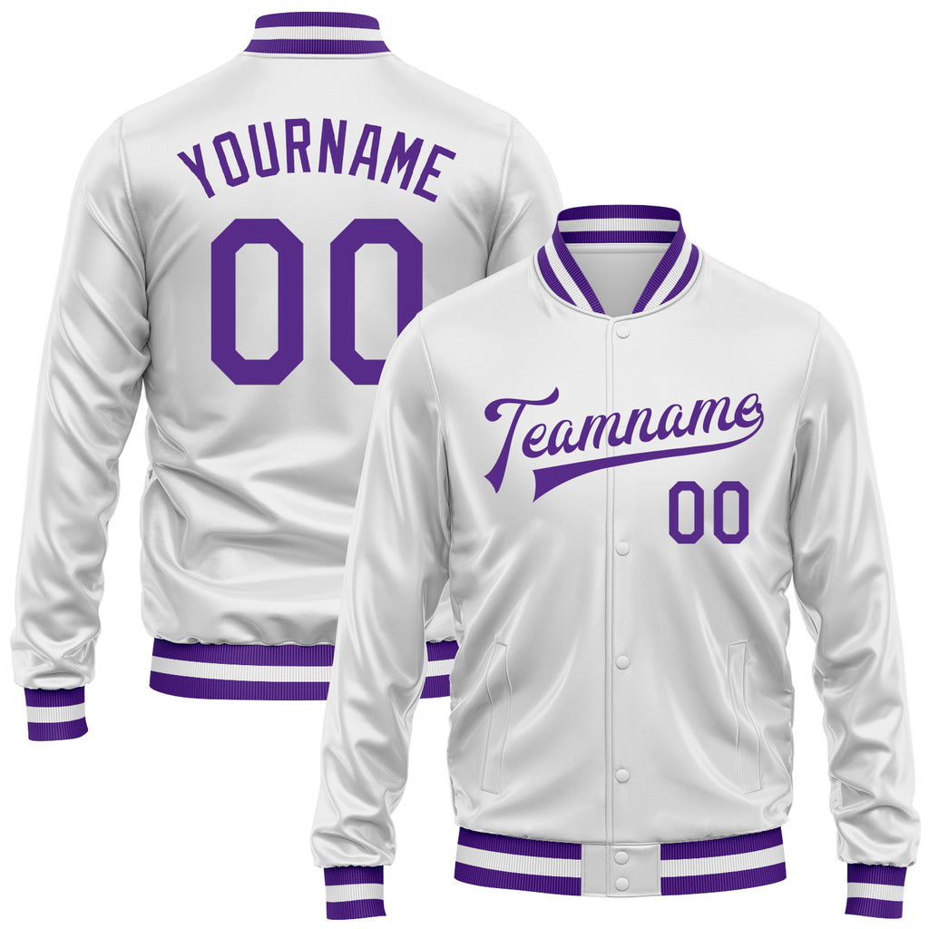 Custom White Purple Bomber Full-Snap Varsity Faux Leather Letterman Jacket