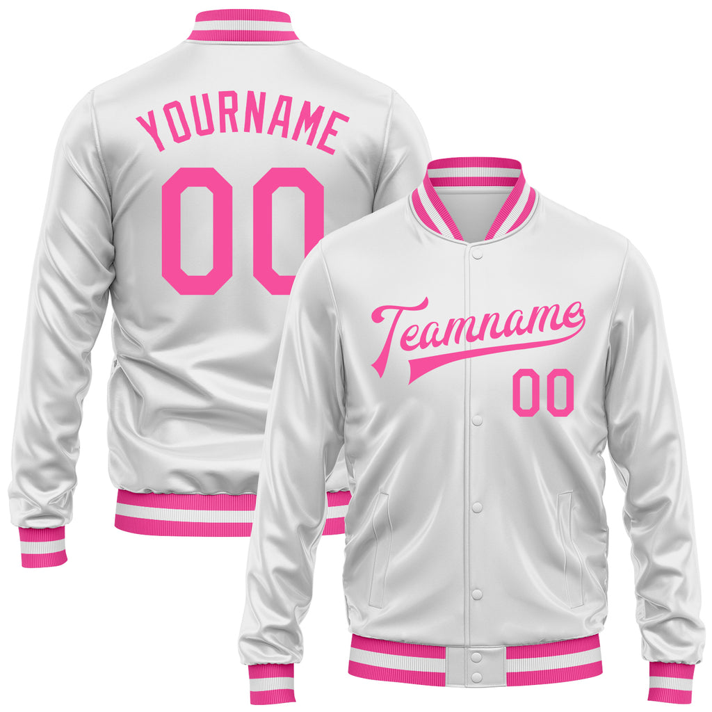 Custom White Pink Bomber Full-Snap Varsity Faux Leather Letterman Jacket