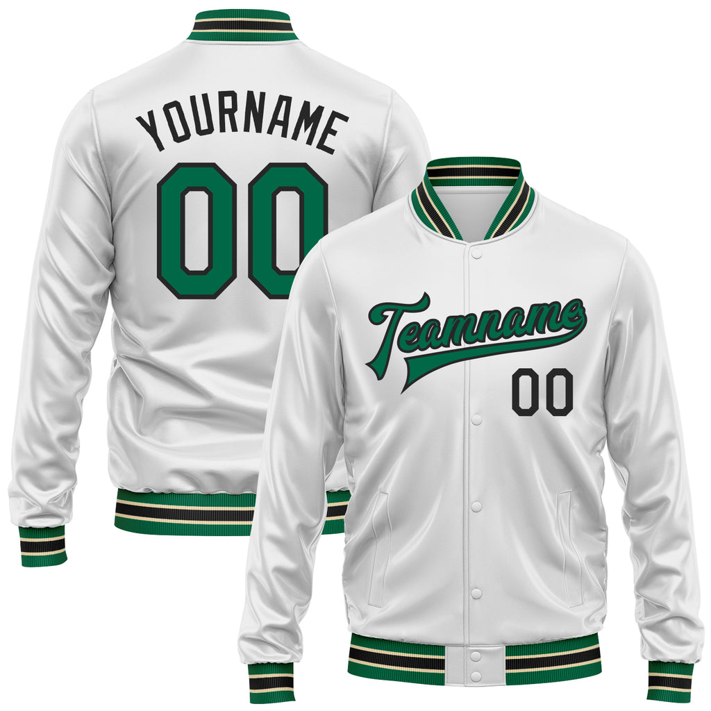 Custom White Kelly Green-Black Bomber Full-Snap Varsity Faux Leather Letterman Jacket
