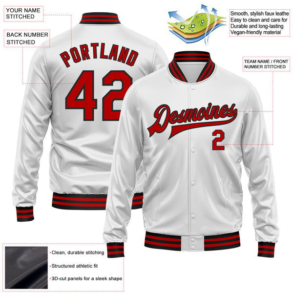 Custom White Red-Black Bomber Full-Snap Varsity Faux Leather Letterman Jacket