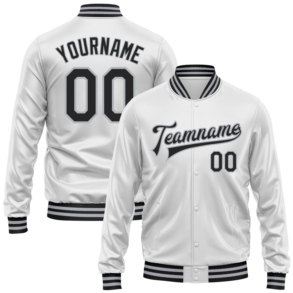 Custom White Black-Gray Bomber Full-Snap Varsity Faux Leather Letterman Jacket