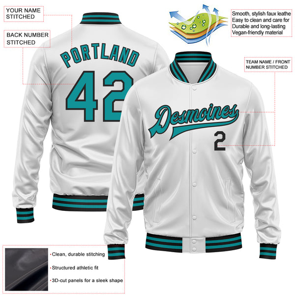 Custom White Teal-Black Bomber Full-Snap Varsity Faux Leather Letterman Jacket