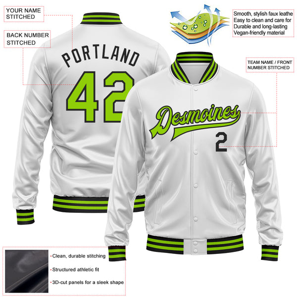 Custom White Neon Green-Black Bomber Full-Snap Varsity Faux Leather Letterman Jacket