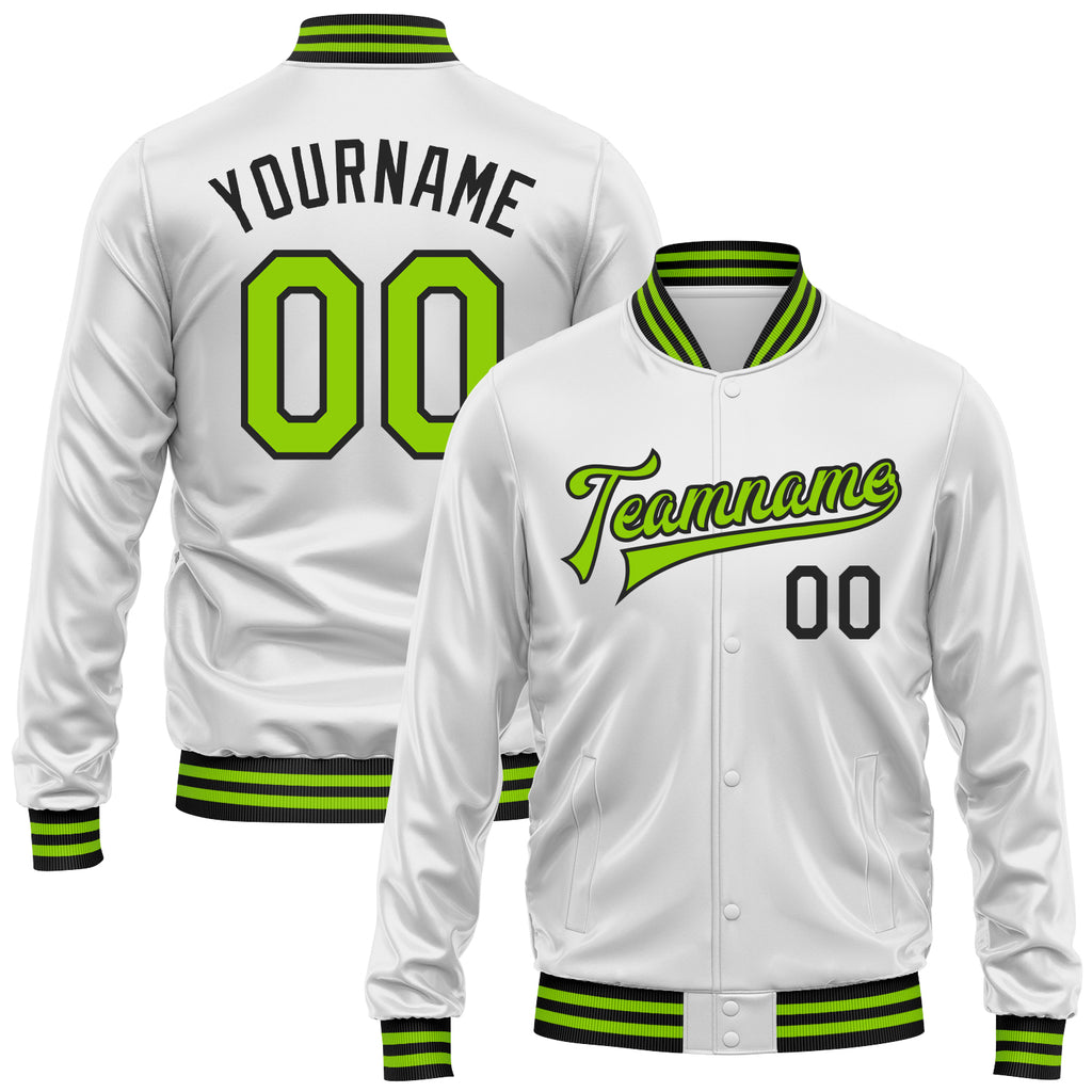 Custom White Neon Green-Black Bomber Full-Snap Varsity Faux Leather Letterman Jacket