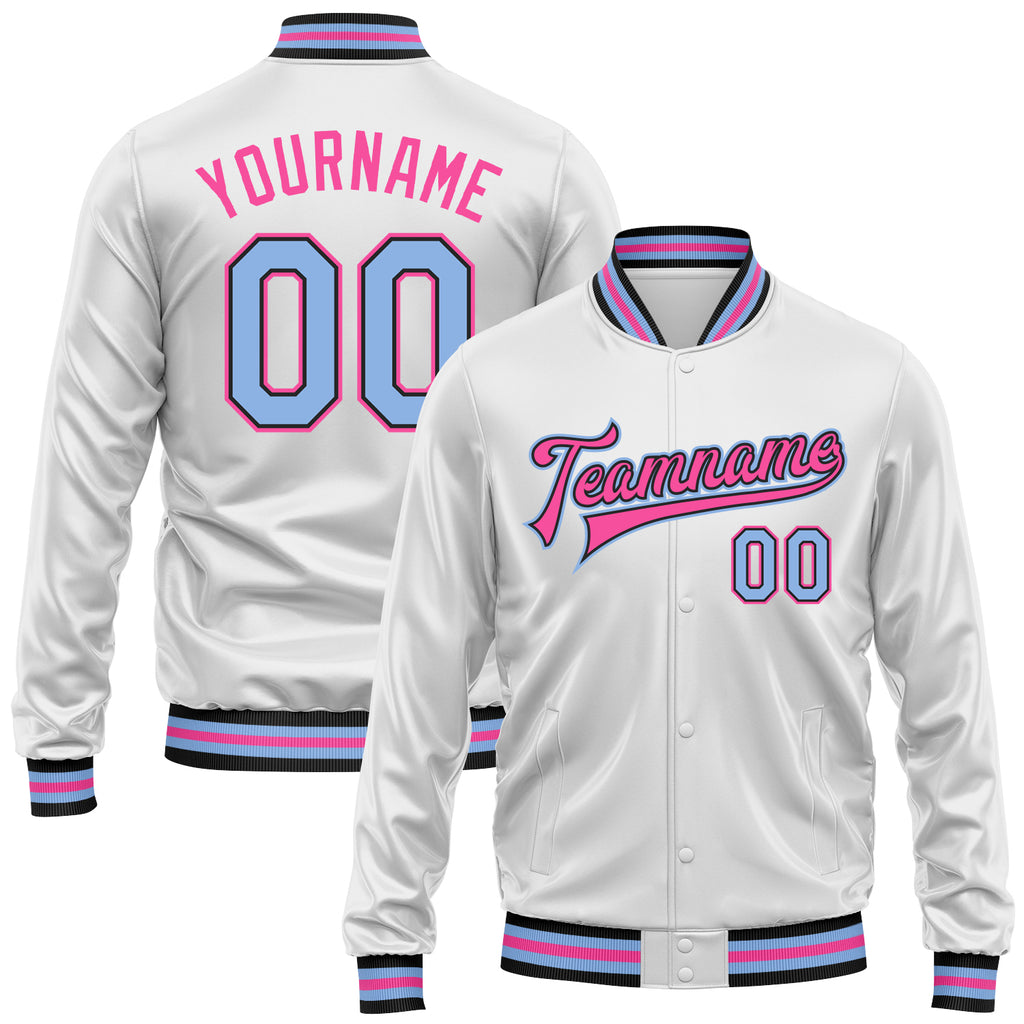 Custom White Light Blue Pink-Black Bomber Full-Snap Varsity Faux Leather Letterman Jacket