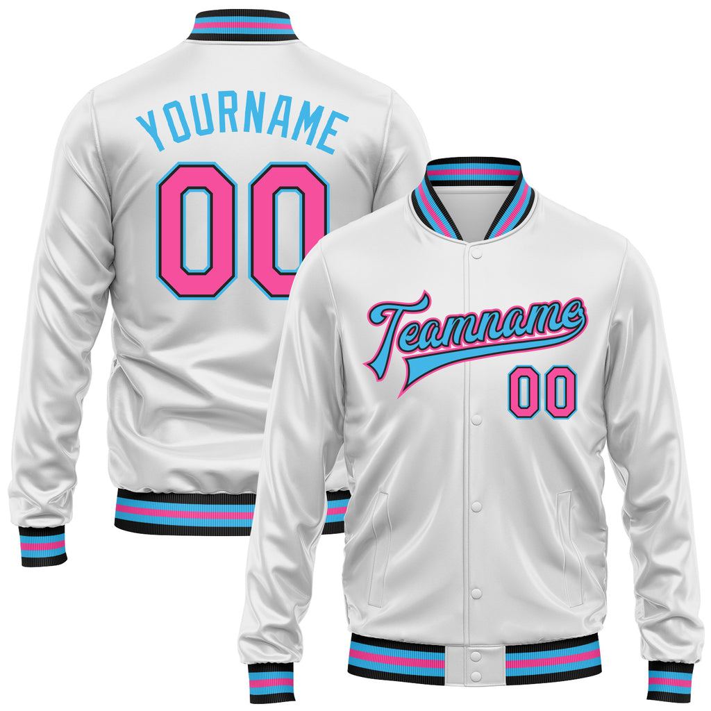 Custom White Pink Sky Blue-Black Bomber Full-Snap Varsity Faux Leather Letterman Jacket