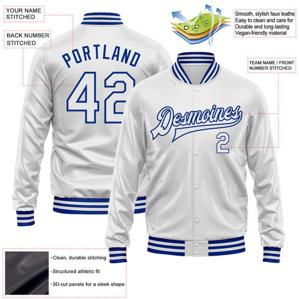 Custom White White-Royal Bomber Full-Snap Varsity Faux Leather Letterman Jacket