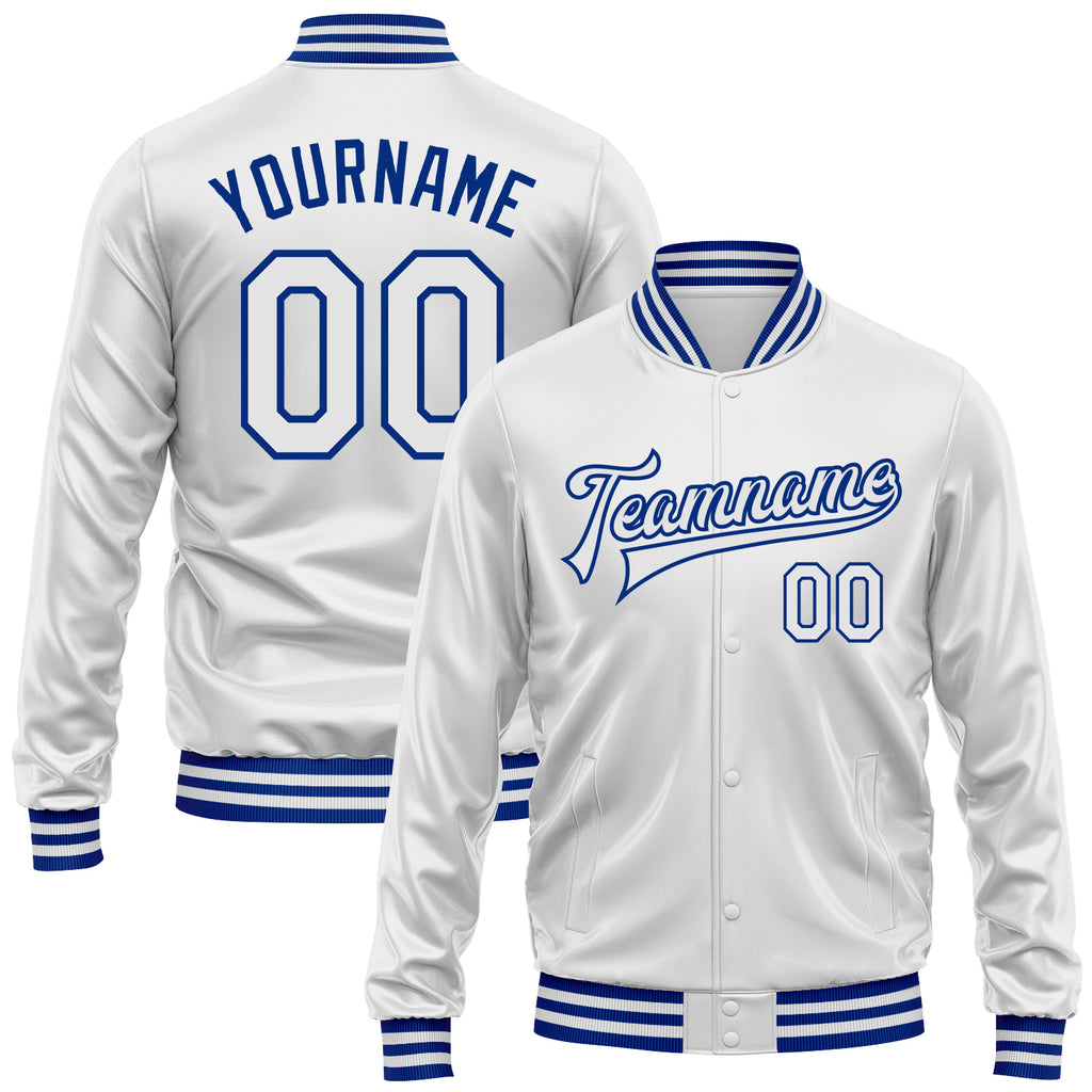 Custom White White-Royal Bomber Full-Snap Varsity Faux Leather Letterman Jacket