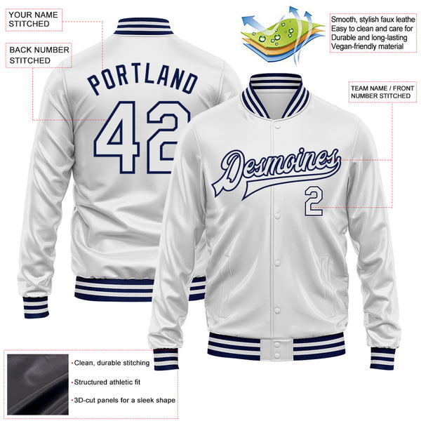 Custom White White-Navy Bomber Full-Snap Varsity Faux Leather Letterman Jacket