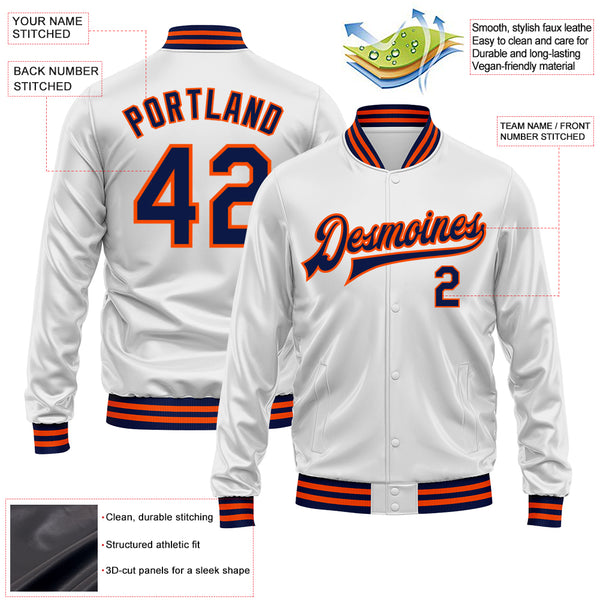 Custom White Navy-Orange Bomber Full-Snap Varsity Faux Leather Letterman Jacket