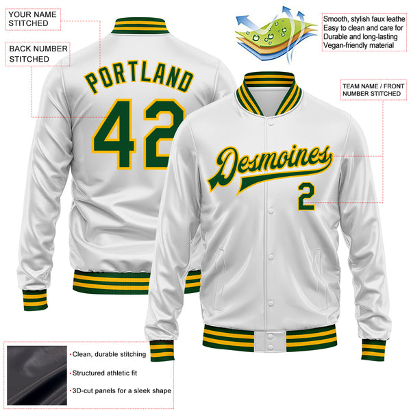 Custom White Green-Gold Bomber Full-Snap Varsity Faux Leather Letterman Jacket
