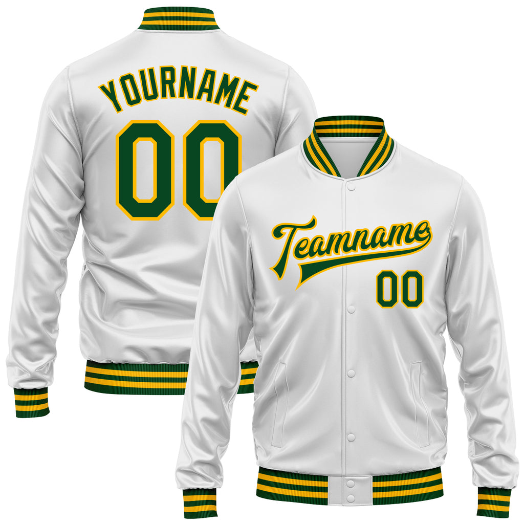 Custom White Green-Gold Bomber Full-Snap Varsity Faux Leather Letterman Jacket