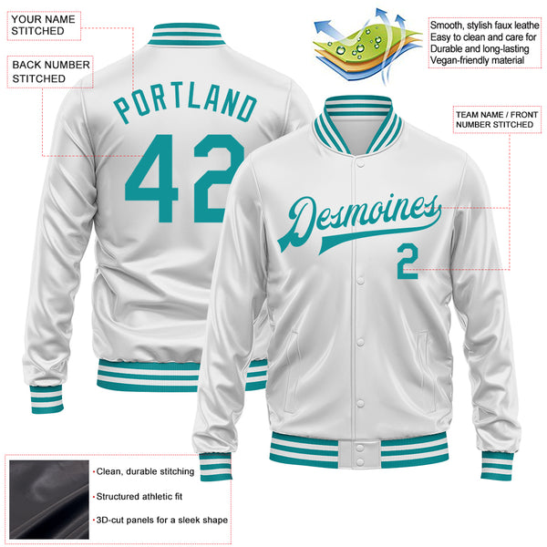 Custom White Teal Bomber Full-Snap Varsity Faux Leather Letterman Jacket
