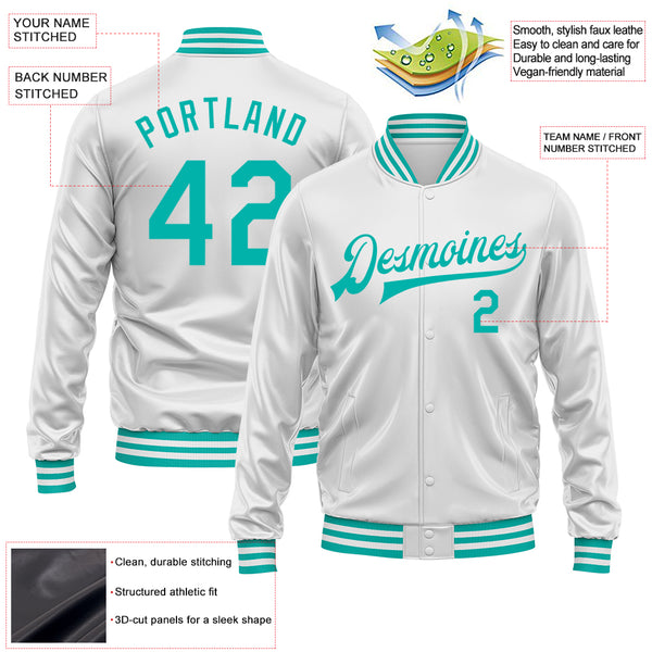 Custom White Aqua Bomber Full-Snap Varsity Faux Leather Letterman Jacket