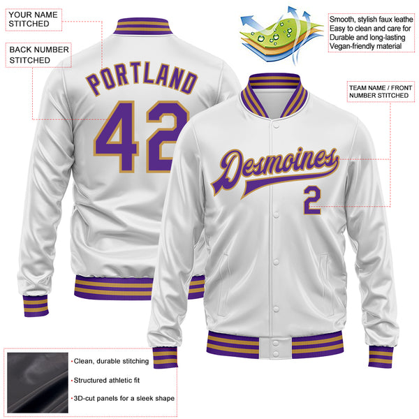 Custom White Purple-Old Gold Bomber Full-Snap Varsity Faux Leather Letterman Jacket